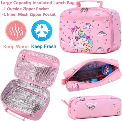 Vista 13 de Juego de mochila para niñas y adolescentes, mochila escolar para niños con bolsa para el almuerzo, estuche para lápices, mochilas escolares