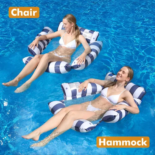 Vista 3 de Flotador inflable para piscina, para adultos y niños, hamaca flotante con patrón de rayas para fiesta en la piscina, diversión acuática de verano