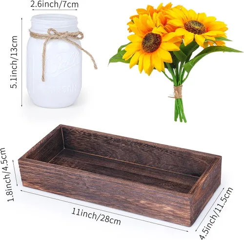 Vista 7 de Fowecelt 3 piezas de girasoles artificiales de cristal, centro de mesa, girasoles falsos, arreglos florales con maceta rectangular de madera