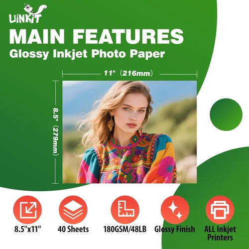 Vista 3 de Uinkit 48lb Glossy Inkjet Photo Paper, 8.5x11, 40 Sheets, 180gsm