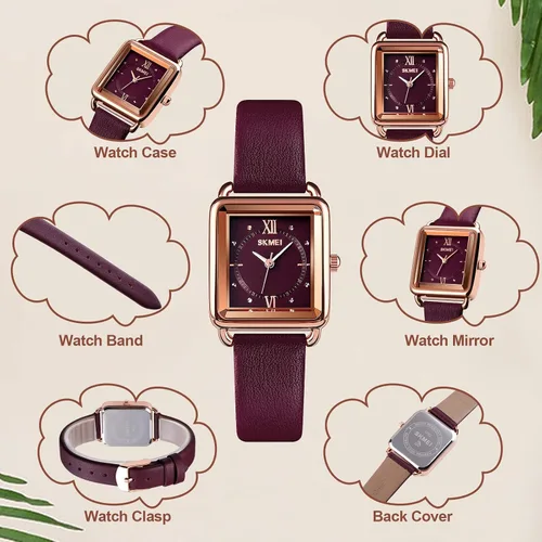 Vista 4 de SKMEI - Reloj de pulsera para mujer, de piel, rectangular, elegante, para mujer, Classic, Morado-d