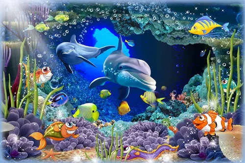 Vista 2 de Fondos de pantalla de flora y fauna del lecho marino, murales de pared de delfines y peces marinos nadando libremente, grandes murales de arte