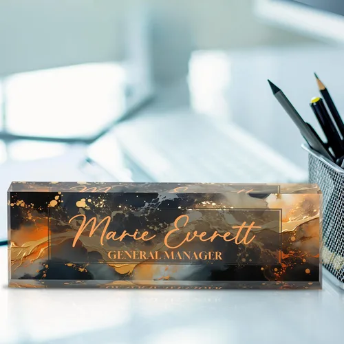 Vista 2 de Placa de identificación acrílica personalizada para escritorio, decoración de oficina personalizada E-negro oro
