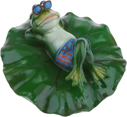 Vista 5 de Estatua flotante de hoja de loto con rana, estatua para decoración del hogar, jardín, estanque, regalo, tumbado