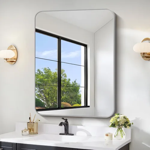 Vista 33 de FORBATH - Espejo de baño negro para sobre lavabo, espejo de pared de 16x24 pulgadas con marco de metal, esquinas redondeadas para baño, dormitorio