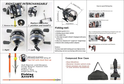 Vista 4 de Kit de arco compuesto de pesca de arco, peso de 30 a 70 libras, ajustable, listo para pescar, con carrete de pesca con arco, flechas de pesca