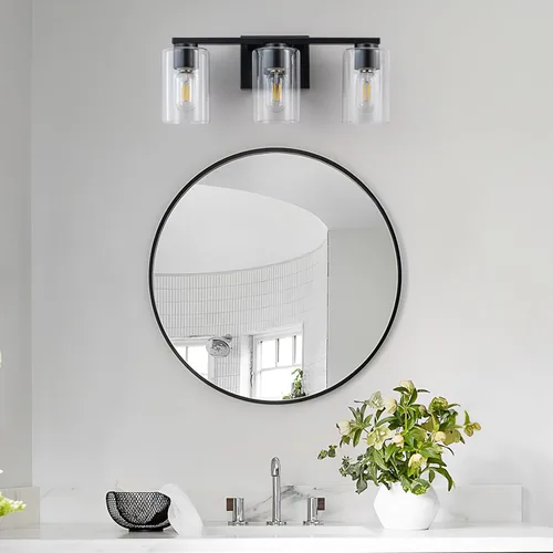 Vista 3 de WILON Lámpara de tocador de baño, 3 luces de tocador modernas de color negro claro con apliques de pared de vidrio transparente con vidrio
