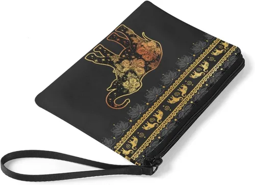 Vista 5 de Monedero para mujer con cremallera lindo monedero mini bolsa bolsa suave bolso de mano, Boho Elefante y Flores - Oro