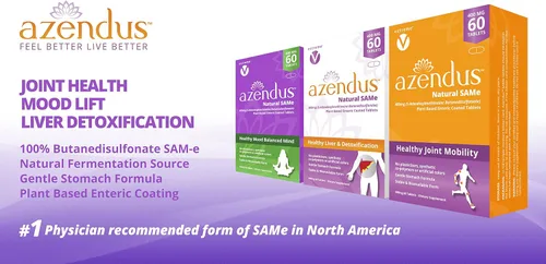 Vista 3 de Azendus SAM-e 400 mg o 200 mg, hígado, natural mismo, 60 unidades, envasado en ampolla, butanodisulfonato de grado farmacéutico, fórmula suave