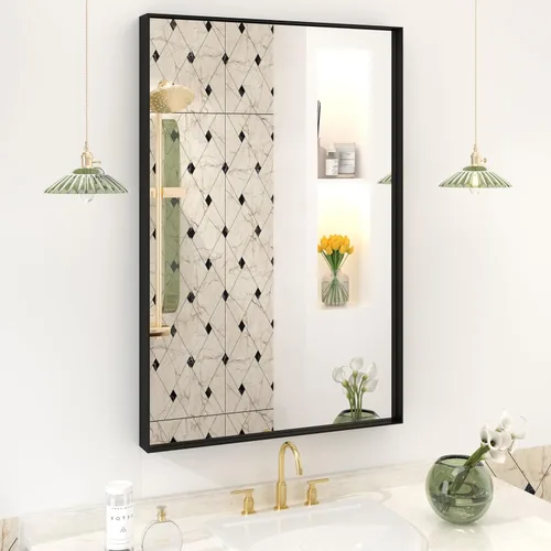 Vista 92 de Paquete de 2 espejos de baño con marco de metal negro de 22 x 30 pulgadas, espejo rectangular redondeado negro mate, antioxidante, se cuelga