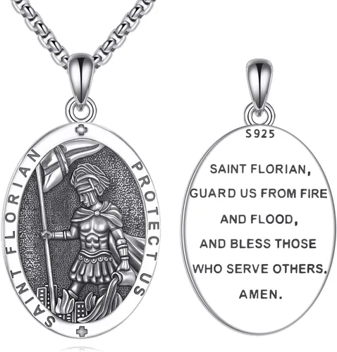 Vista 18 de Collar de Santo Patrón Plata de Ley 925 Colgante Medallón Amuleto Ovalado con Cadena de 22+2 Pulgadas Regalo de Joyería para Hombres y Mujeres