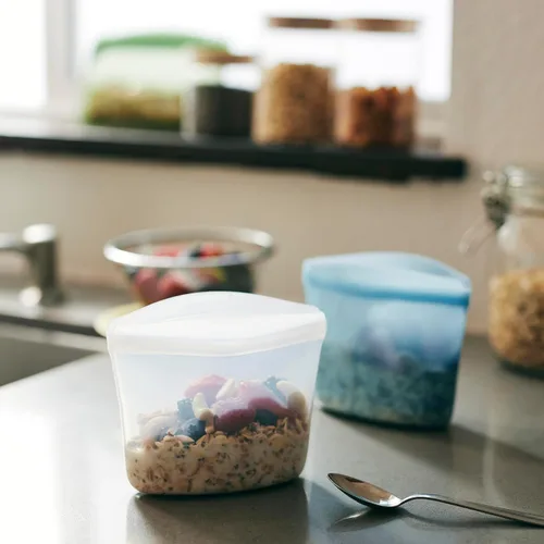 Vista 2 de Stasher Cuenco reutilizable de silicona prémium para almacenamiento de alimentos, azul, microondas, al vacío, apto para lavavajillas, horno