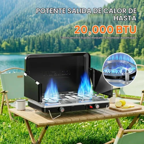 Vista 2 de ROVSUN Estufa de camping portátil de 2 quemadores con encendedor, estufa de campamento de propano de 20000 BTU con adaptador, mango integrado