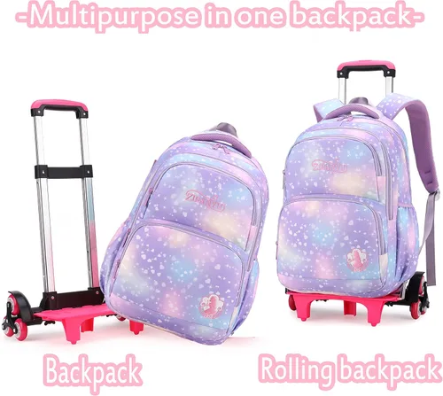 Vista 3 de Mochila con ruedas para niños y niñas mochila rodante para niñas y niños impermeable equipaje de viaje preescolar primaria 1243 Purple