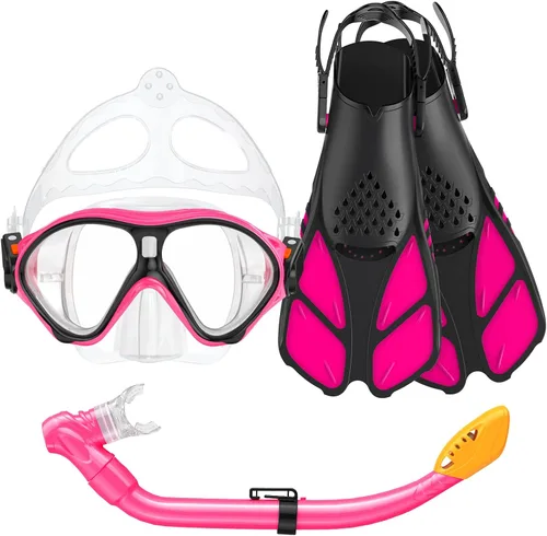 Vista 8 de Seovediary Juego de esnórquel para niños, máscara, aletas, equipo de esnórquel para niños, gafas de natación antiniebla con vista panorámica de 180