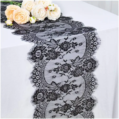 Vista 2 de Partisout Black Lace Tablecloth Rectangular 12x120 Inch Rectangle Scalloped for Lace Tablecloths Wedding Table Cover Romantic Party Tablecloth