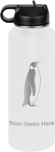 Vista 55 de LaserGram Botella de agua personalizada, pingüino, acero inoxidable de doble pared aislada al vacío con popote superior, regalo grabado