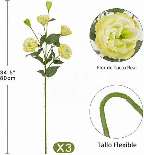 Vista 2 de Flores artificiales de seda de color blanco crema de 34.5 pulgadas, 3 piezas, flores de Eustoma Lisianthus con tallo largo, ramas de arreglo