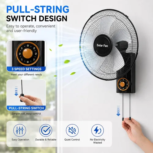 Vista 6 de Ventilador solar de montaje en pared de 16 pulgadas, ventiladores de doble potencia con panel solar de 20 W, oscilación de 90°, ventilador