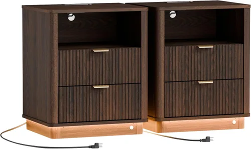 Vista 12 de Mesita de noche LED acanalada, mesita de noche curvada inteligente con iluminación de estación de carga, mesa auxiliar de madera con 2 cajones