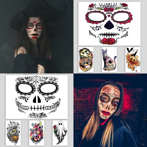 Vista 2 de 50 piezas de tatuajes faciales de broma de Halloween para adultos, mujeres y hombres, 10 calcomanías de terror para Halloween, 40 piezas de tatuajes