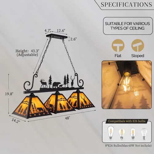 Vista 5 de TOCHIC Tiffany - Lámpara de mesa de billar, 3 luces vintage para comedor, cocina, isla de cocina, lámpara de mesa rústica para sala de juegos, sala