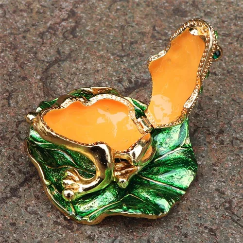 Vista 5 de Waltz&F - Joyero con bisagras decorativas y diseño de rana de diamante verde de loto pintado a mano, regalo único para decoración del hogar