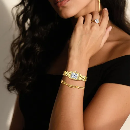 Vista 7 de Relojes pequeños de oro para mujer con funda rectangular vintage, esfera romana clásica, banda de acero inoxidable resistente al agua con cadena