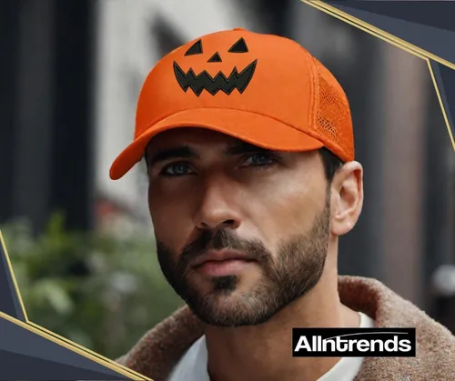 Vista 2 de Gorra de camionero de calabaza, gorra de Halloween con diseño de terror sonriente, gorra de malla bordada