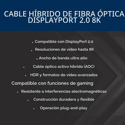 Vista 9 de OREI Cable AOC DisplayPort 2.0 8K de 50 pies - 54 Gbps, 8K a 120 Hz, 4K a