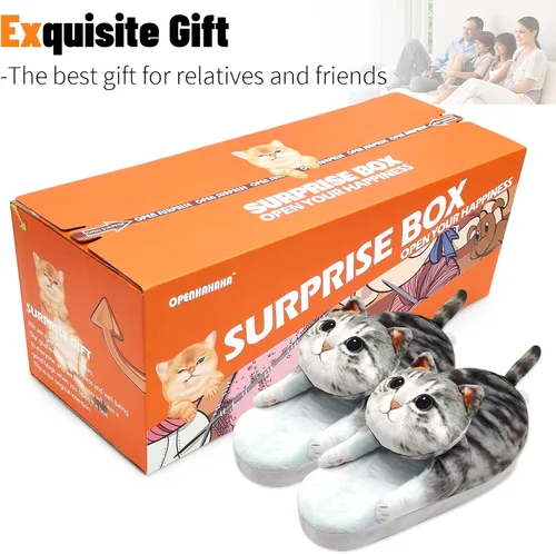 Vista 5 de Divertidas pantuflas de gato mullidas para mujer, zapatos de casa esponjosos, bonitas pantuflas de animales para interiores y exteriores, suaves
