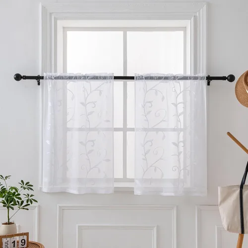 Vista 88 de VISIONTEX 2 paneles de cortinas traslúcidas de 63 in de largo, cortinas de gasa semitransparentes bordadas con hojas florales beige, bolsillo