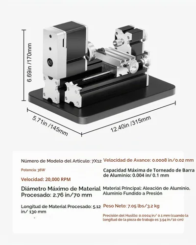 Vista 7 de VEVOR - Mini torno de metal didáctico, 7 x 13 cm, torno de metal de 36 W, velocidad de 20,000 RPM, con portabrocas de 3 mandíbulas, rueda manual
