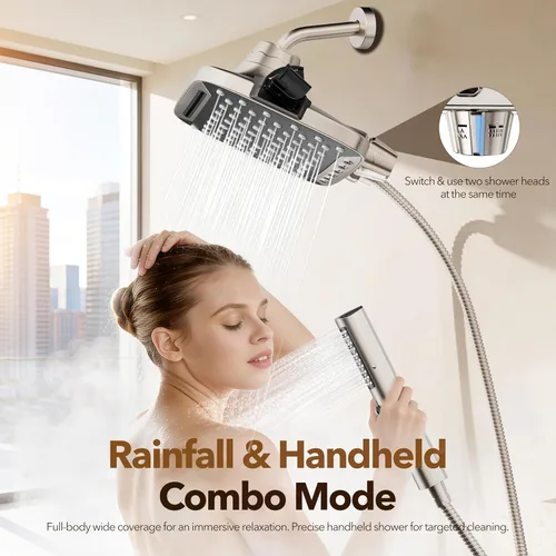 Vista 4 de JDO High Pressure Rain Shower Head with Handheld Spray Brushed Nickel 7 Modes Dual Shower Head, 10-inch Rainfall Showerheads Combo, Detachable