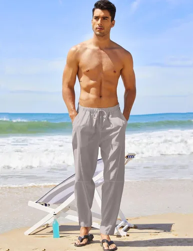 Vista 2 de COOFANDY Pantalones harén de lino con cordón para hombre, cintura elástica, ligeros, pantalones hippie, verano, playa, yoga