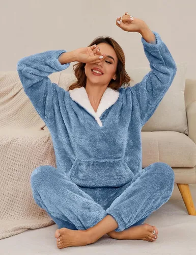 Vista 6 de Flygo Conjunto de pijama de forro polar mullido para mujer, ropa de dormir de franela de felpa