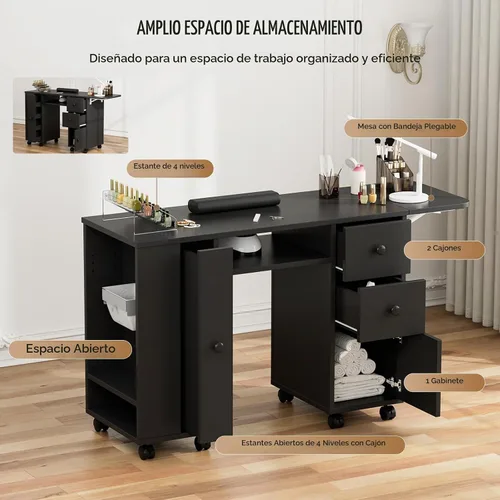 Vista 3 de Paddie Mesa de manicura con mesa extensible, mesa de escritorio de uñas para tecnología de uñas con soporte para bolsa de basura y cajón vertical