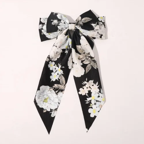 Vista 4 de Pinzas grandes para el pelo para mujeres y niñas, clip de cinta de pelo de cocodrilo floral grande, lazos de cinta negra larga con lazo grande flor