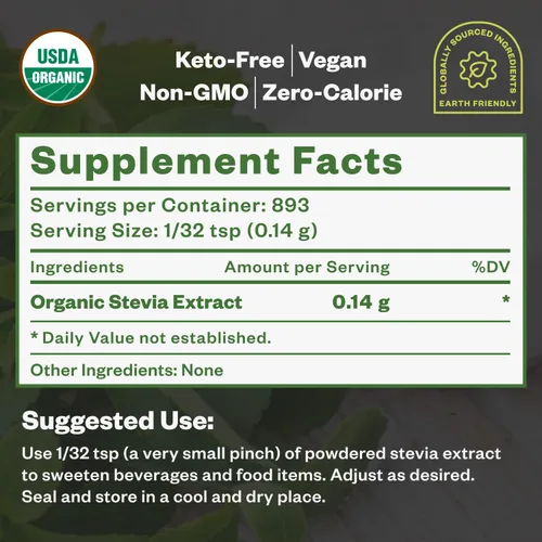 Vista 2 de Extracto de estevia orgánico en polvo, cero calorías, extracto puro de stevia concentrado edulcorante en polvo para hornear y bebidas, sin regusto