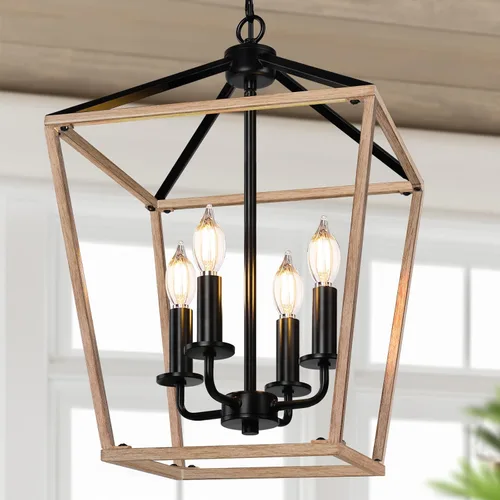 Vista 8 de Lámpara de araña estilo granja para cocina y comedor, lámpara colgante rústica de 4 luces para techo con altura ajustable en acabado de madera