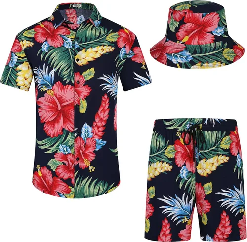 Vista 11 de EISHOPEER Conjunto hawaiano de flores para hombre, camisa de manga corta y pantalones cortos, trajes con sombreros de pescador