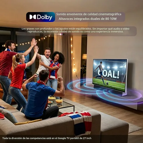 Vista 4 de TV portátil de 27 pulgadas FHD 1080P Android14 OS con Google TV, batería de 9000 mAh, Dolby Audio, 100% sRGB, asistente de Google, mango de cuero