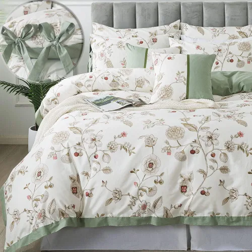 Vista 23 de FADFAY Juego de funda de edredón floral 100% algodón a rayas verdes y beige, ropa de cama de flores desgastadas con diseño de ramas botánicas