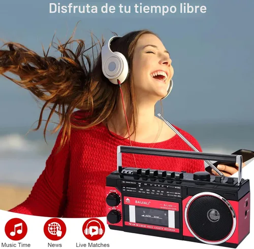 Vista 5 de Reproductor de casete portátil con radio AM/FM/SW y BT, Boombox para el hogar y viajes, grabación desde radio, reproducción a través de SD/USB