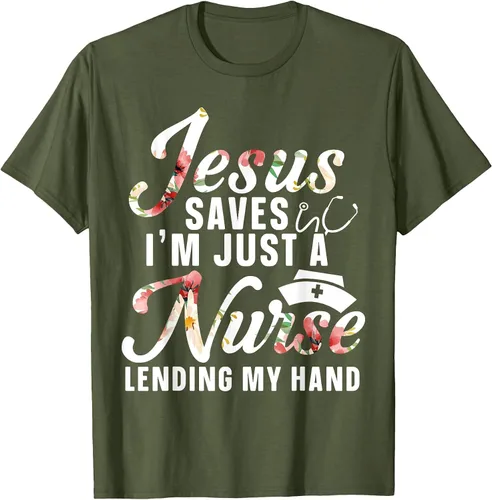 Vista 10 de Jesus Saves I'm Just A Nurse Lending My Hand RN Christian T-Shirt Asphalt Grey