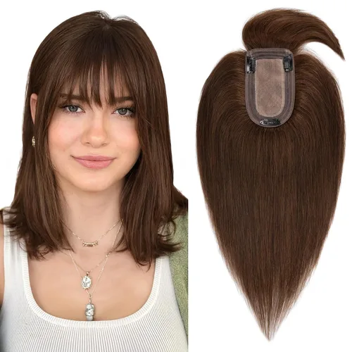 Vista 19 de Benehair Peluca de cabello con clip con flequillo, peluca secreta de cabello 100% humano, postizo superior con flecos, peluca de repuesto