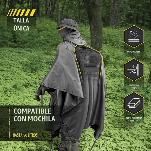 Vista 4 de M-Tac Poncho de Lluvia Táctico - Poncho Militar del Ejército Refugio - Ponchos de Lluvia Impermeables Ripstop para Acampada, Senderismo, Caza al
