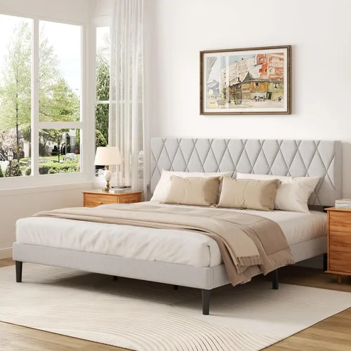 Vista 8 de CXVX Marco de cama tamaño completo con cabecera capitonada de diamante, cama plataforma tapizada en terciopelo y soporte de listones de madera, sin