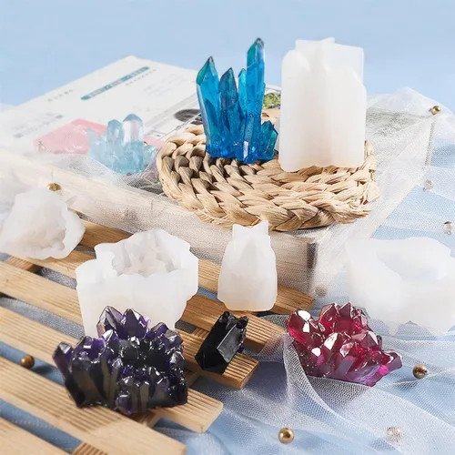 Vista 5 de Juego de 6 moldes de resina de cristal, molde de roca de cuarzo, molde de racimo de cristal epoxi, molde de silicona para drusa, arcilla polimérica