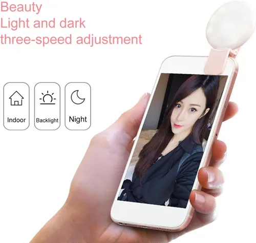 Vista 6 de Luz LED para selfie con clip, 3 niveles de luz ajustable, iluminación flash USB recargable para selfies, grabación de video, maquillaje rosa